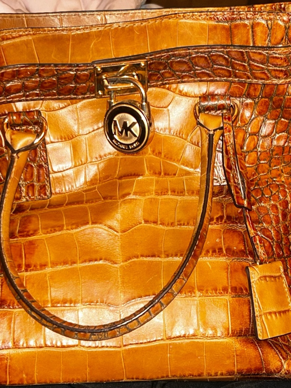 Michael Kors Croc-Embossed Amber Leather Tote with MK Medallion